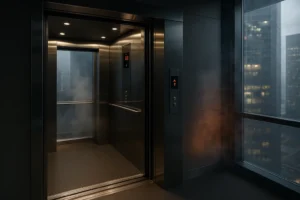 ascensor presurizado realista en rascacielos moderno con humo controlado y luces de emergencia