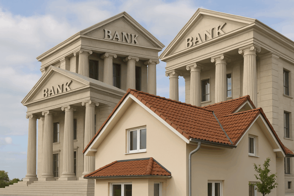 fotomontaje de bancos y vivienda que representa el mercado hipotecario