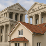 fotomontaje de bancos y vivienda que representa el mercado hipotecario