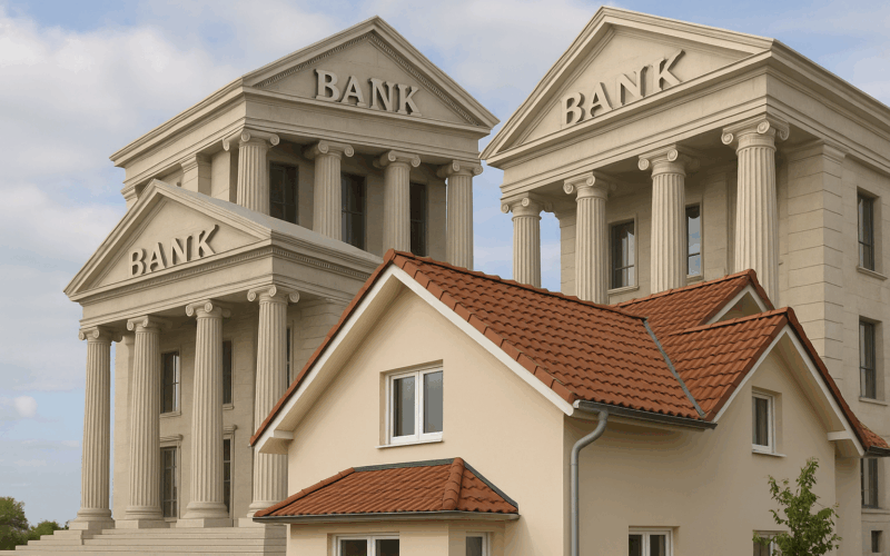 fotomontaje de bancos y vivienda que representa el mercado hipotecario