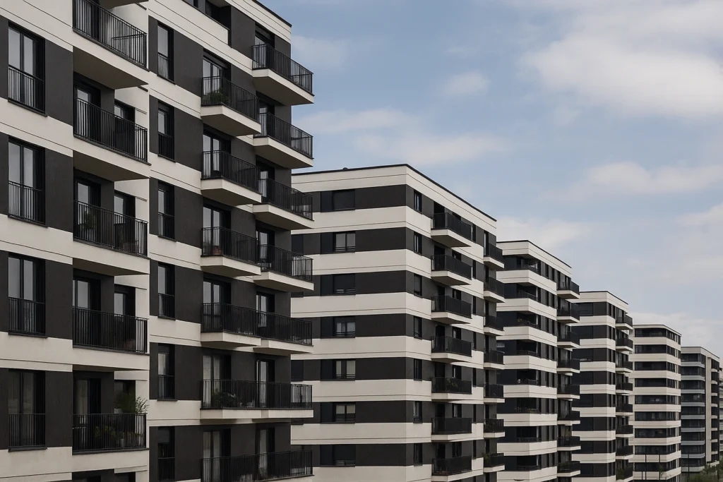 Bloques cebra arquitectura en España con fachadas blancas y negras