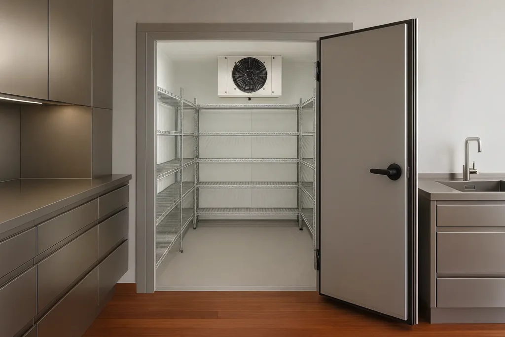 Cocina minimalista con cámara de refrigeración doméstica