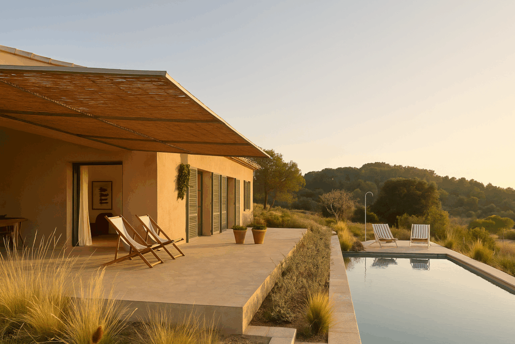 Casa mediterránea con pérgola de cañizo y piscina al atardecer, arquitectura sostenible.