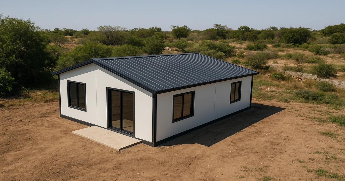vista aérea realista de una casa prefabricada moderna comprada en AliExpress y ensamblada en México, rodeada de paisaje natural
