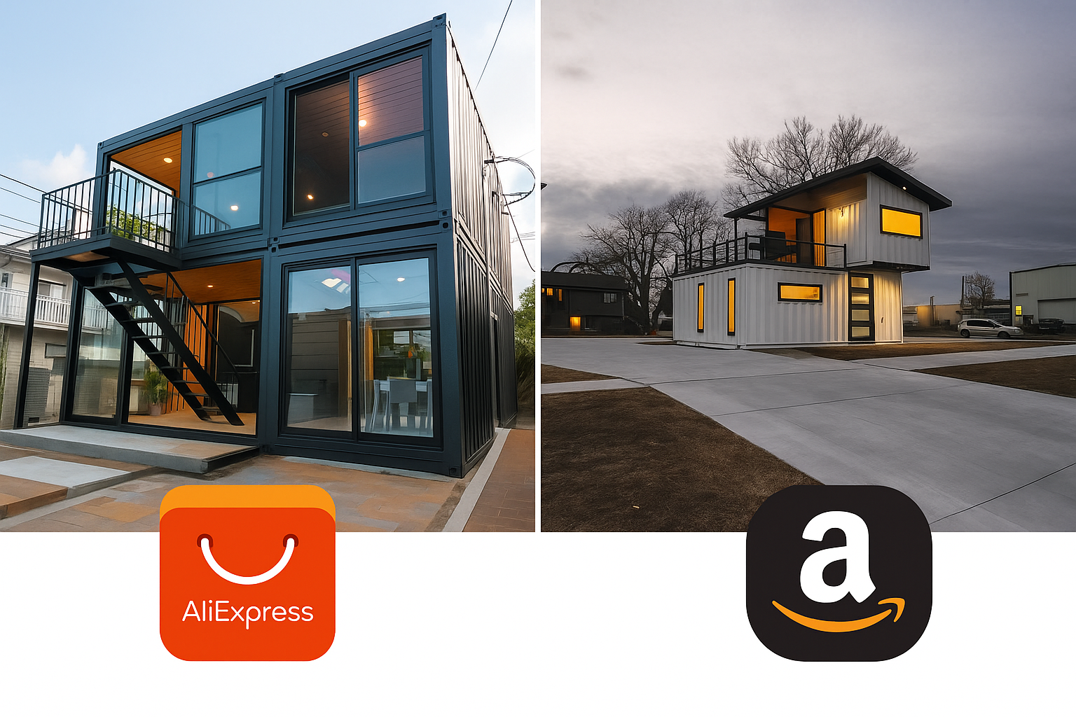 comparativa visual de casas prefabricadas online de AliExpress y Amazon