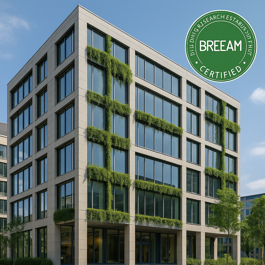edificio moderno con fachada vegetal y certificación BREEAM, ejemplo de arquitectura sostenible