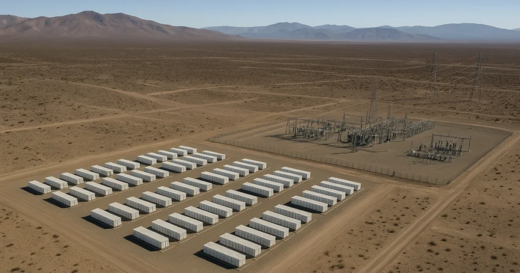 Vista aérea de un complejo de baterías y subestación eléctrica en el desierto de Atacama, Chile