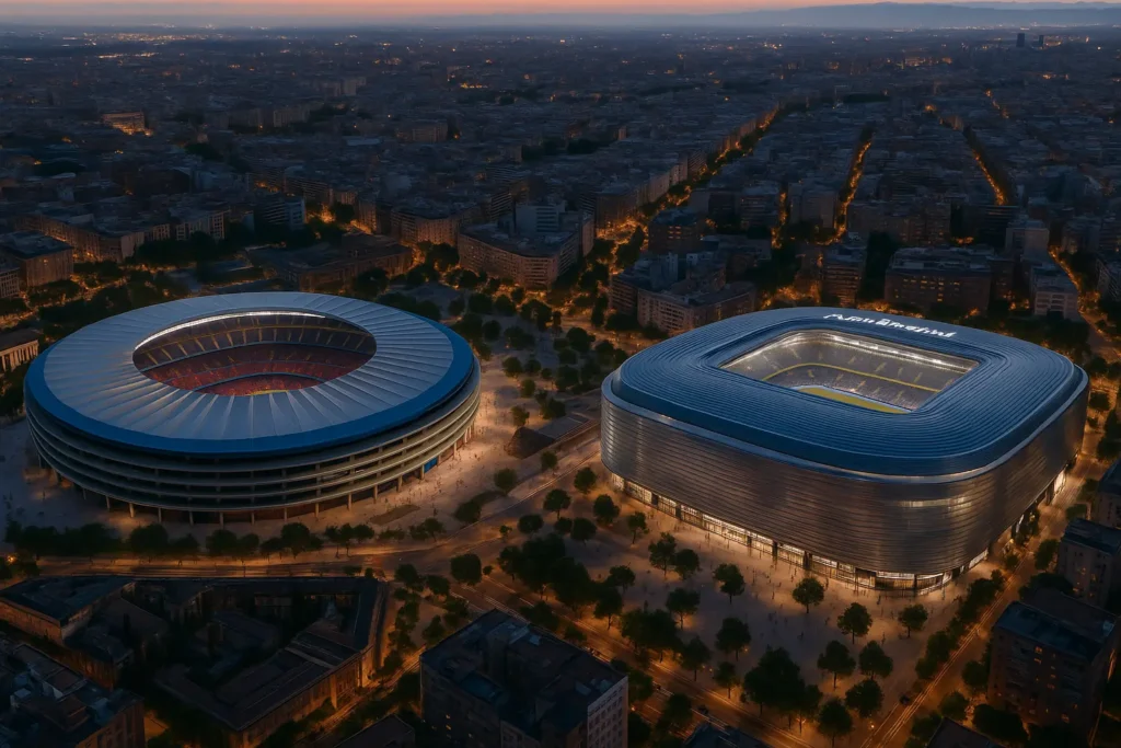 Imagen aérea del Spotify Camp Nou y Santiago Bernabéu iluminados al atardecer, con entorno urbano.