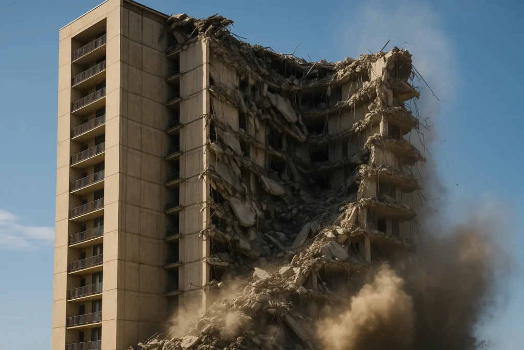 Edificio de hormigón parcialmente colapsado con polvo y escombros visibles, representando el fenómeno del colapso progresivo.
