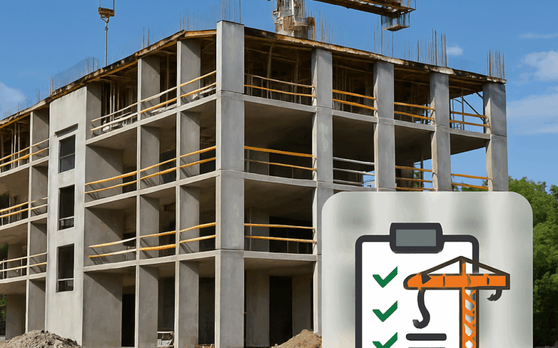 Imagen de obra en construcción con grúa e icono de checklist que representa el control de calidad en el proceso constructivo