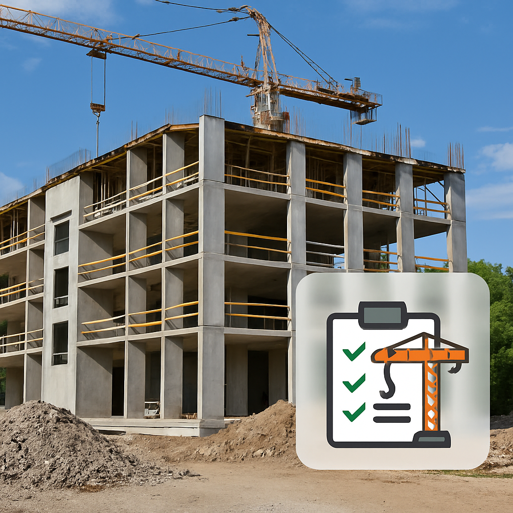Imagen de obra en construcción con grúa e icono de checklist que representa el control de calidad en el proceso constructivo