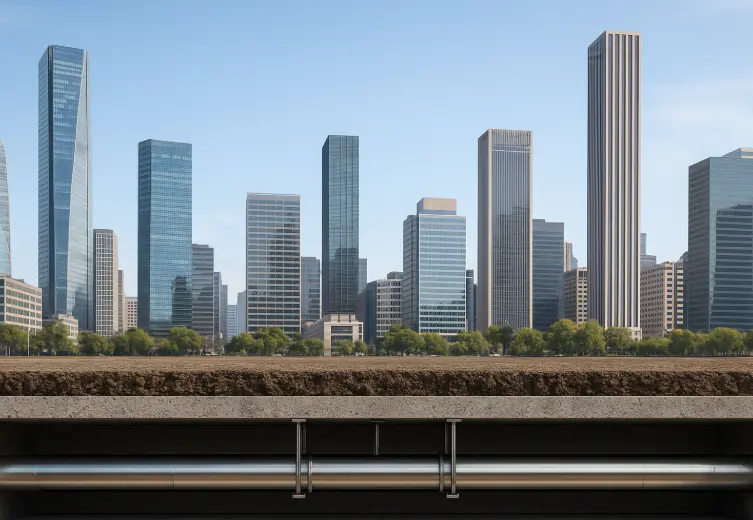 Ciudad moderna y sostenible con rascacielos y red subterránea de district cooling