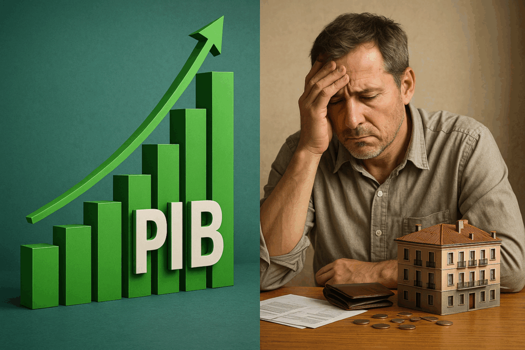 Contraste visual entre el crecimiento del PIB en España y la falta de mejora del poder adquisitivo de los ciudadanos