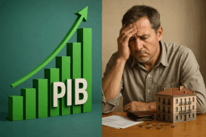 Contraste visual entre el crecimiento del PIB en España y la falta de mejora del poder adquisitivo de los ciudadanos