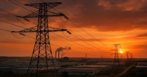 Vista aérea de parque industrial en México con torres eléctricas al atardecer, representando la crisis eléctrica México 2025