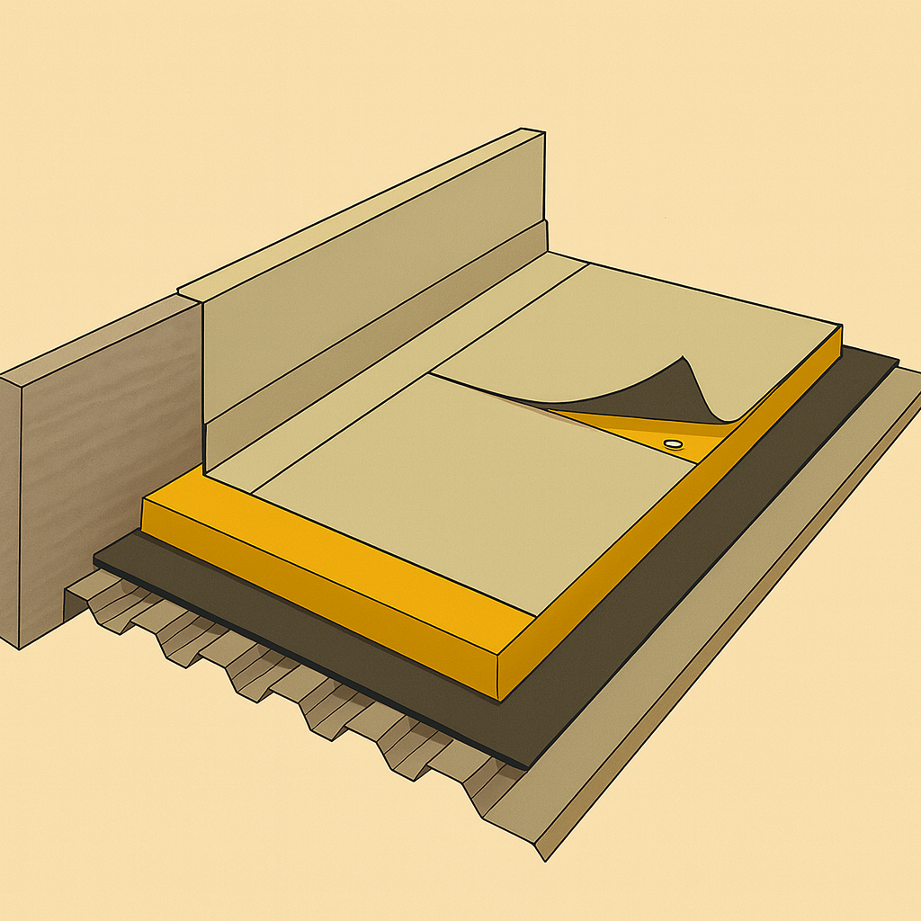 Render técnico 3D de una cubierta deck mostrando las capas de chapa grecada, barrera de vapor, aislamiento PIR, capa separadora e impermeabilización