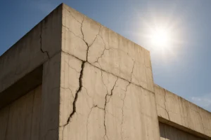 Imagen real apaisada de una estructura de hormigón con fisuras visibles provocadas por dilataciones térmicas bajo un sol intenso, en entorno urbano.