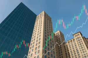 rascacielos corporativos modernos con gráfico bursátil ascendente que simboliza el crecimiento de las empresas inmobiliarias más grandes