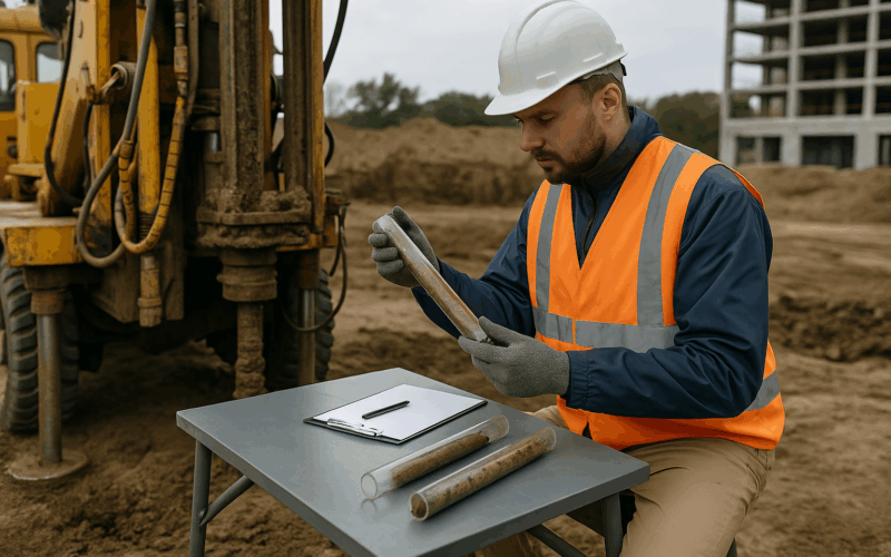 ingeniero geotécnico tomando muestras del suelo con maquinaria de sondeo durante un estudio geotécnico en obra