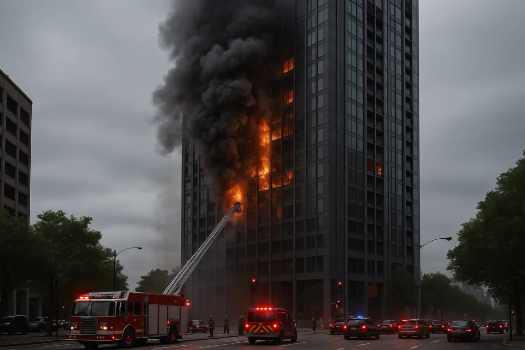Rascacielos con humo saliendo de las plantas superiores durante un incendio controlado