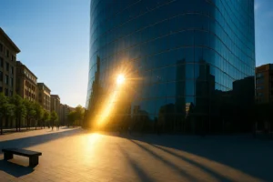 Fachada curva acristalada reflejando la luz solar sobre una plaza urbana, mostrando el fenómeno de radiación concentrada por el vidrio.