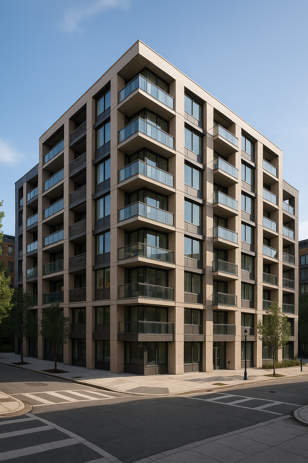 Flex living en España representado por un edificio moderno con terrazas, fachadas acristaladas y zonas comunes diseñadas para alquiler flexible