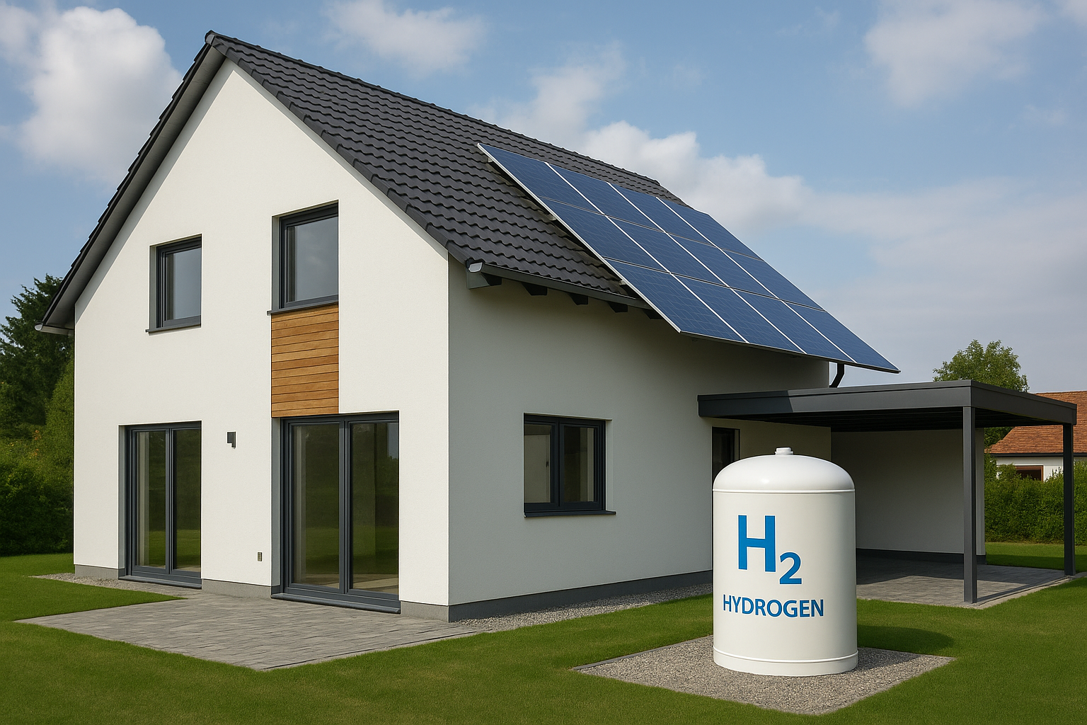 Casa sostenible con depósito de hidrógeno y paneles solares