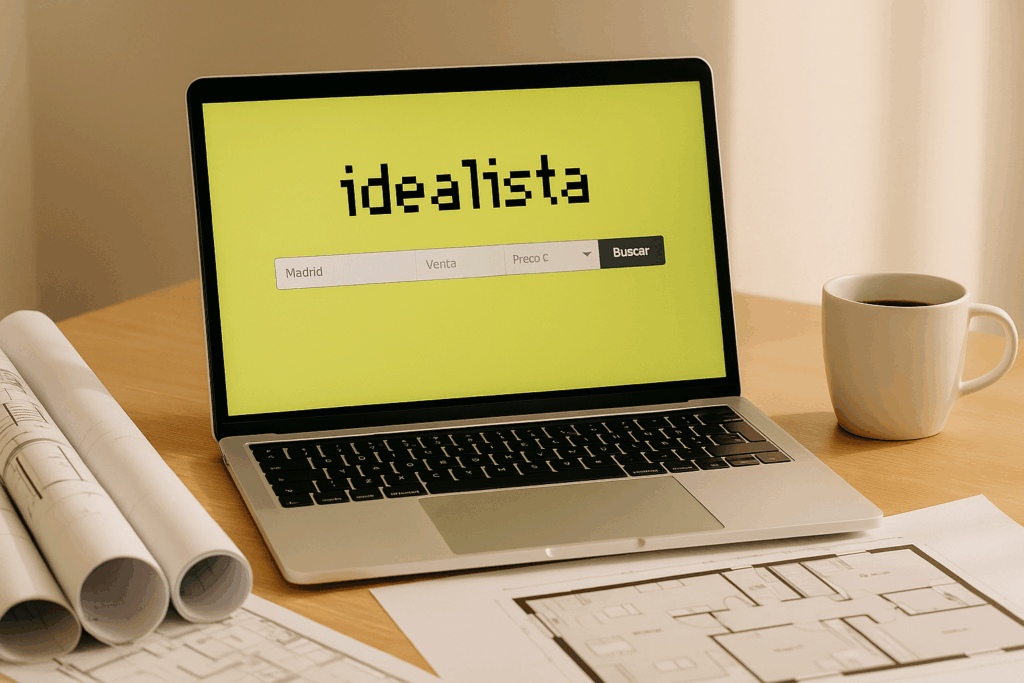 Ordenador portátil mostrando la web de Idealista junto a planos inmobiliarios y una taza de café sobre un escritorio iluminado con luz natural