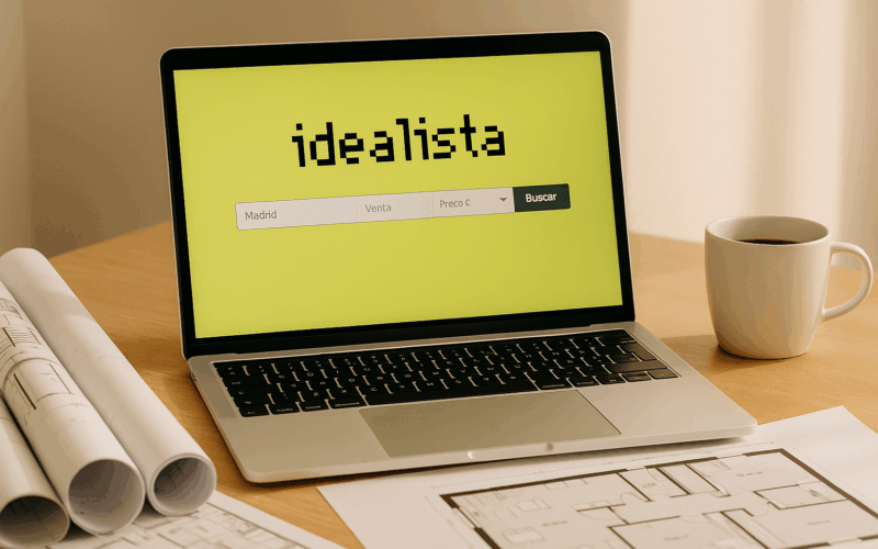 Ordenador portátil mostrando la web de Idealista junto a planos inmobiliarios y una taza de café sobre un escritorio iluminado con luz natural