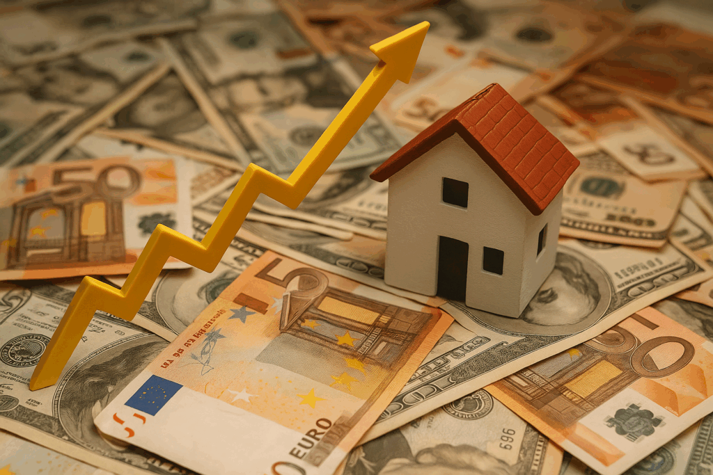 inflación y precio vivienda representada con una casa sobre billetes de euro y dólar, simbolizando cómo la inflación reduce el valor del dinero y tensiona el mercado inmobiliario español