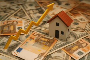 inflación y precio vivienda representada con una casa sobre billetes de euro y dólar, simbolizando cómo la inflación reduce el valor del dinero y tensiona el mercado inmobiliario español