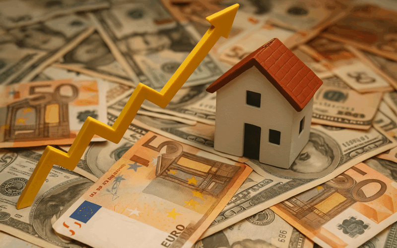 inflación y precio vivienda representada con una casa sobre billetes de euro y dólar, simbolizando cómo la inflación reduce el valor del dinero y tensiona el mercado inmobiliario español