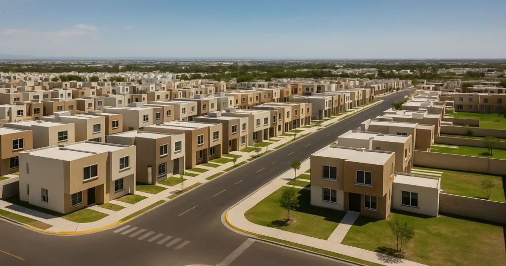 Vista aérea realista de viviendas sociales construidas por el Infonavit en México
