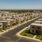 Vista aérea realista de viviendas sociales construidas por el Infonavit en México