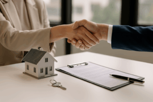 Agente inmobiliario profesional asesorando a compradores y vendedores en la era digital