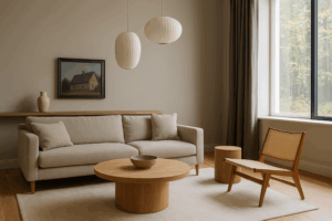 Interior contemporáneo con pared pintada en color greige que combina tonos neutros, mobiliario moderno y luz natural