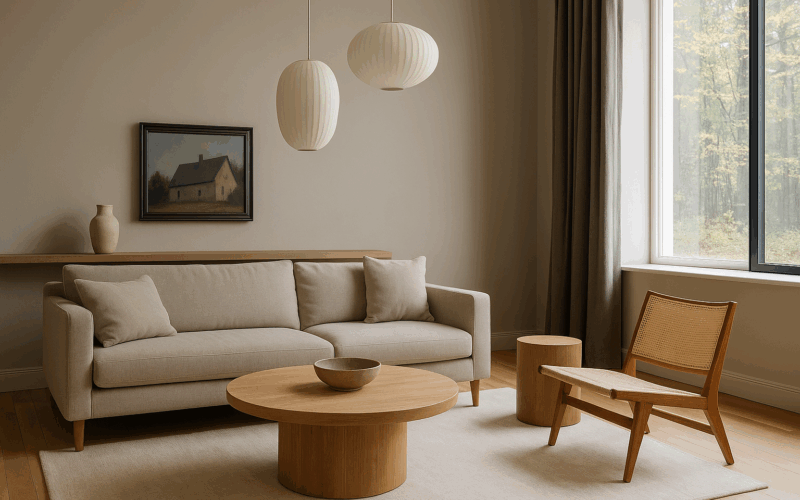 Interior contemporáneo con pared pintada en color greige que combina tonos neutros, mobiliario moderno y luz natural