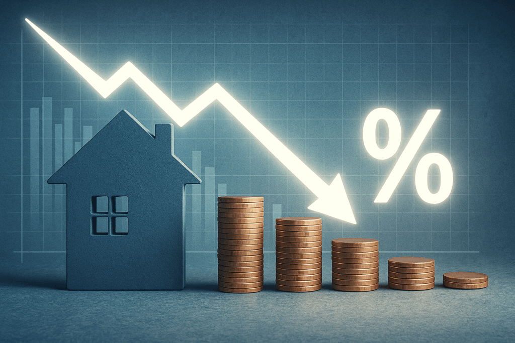 Gráfico conceptual con una casa de madera sobre pilas de monedas que simboliza la reducción de la carga financiera de los hogares en 2025 según el Banco de España