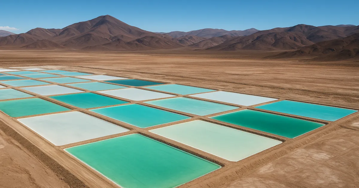 Vista aérea de piscinas de evaporación de litio en un salar del norte argentino con montañas al fondo