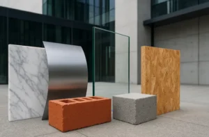 Comparativa realista de materiales de construcción caros y baratos frente a edificio moderno.