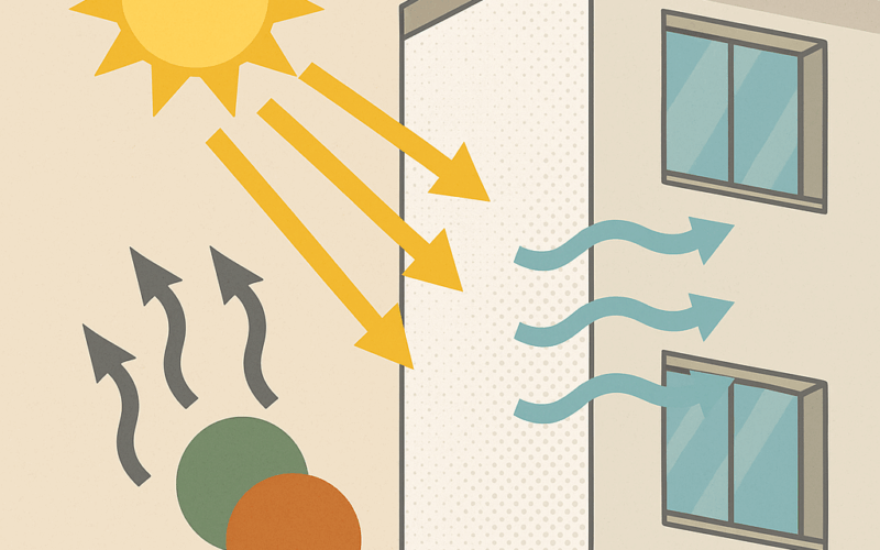 Reacción fotocatalítica en una fachada con materiales que limpian el aire