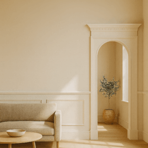 Interior mediterráneo contemporáneo con paredes greige, molduras blancas y arco decorativo bajo luz cálida natural