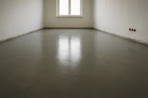 Suelo interior nivelado con mortero autonivelante durante una reforma antes de colocar parquet flotante