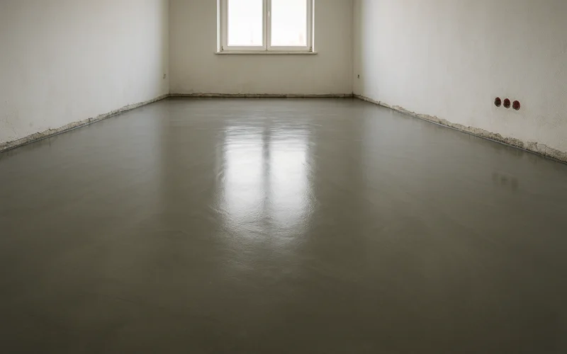 Suelo interior nivelado con mortero autonivelante durante una reforma antes de colocar parquet flotante