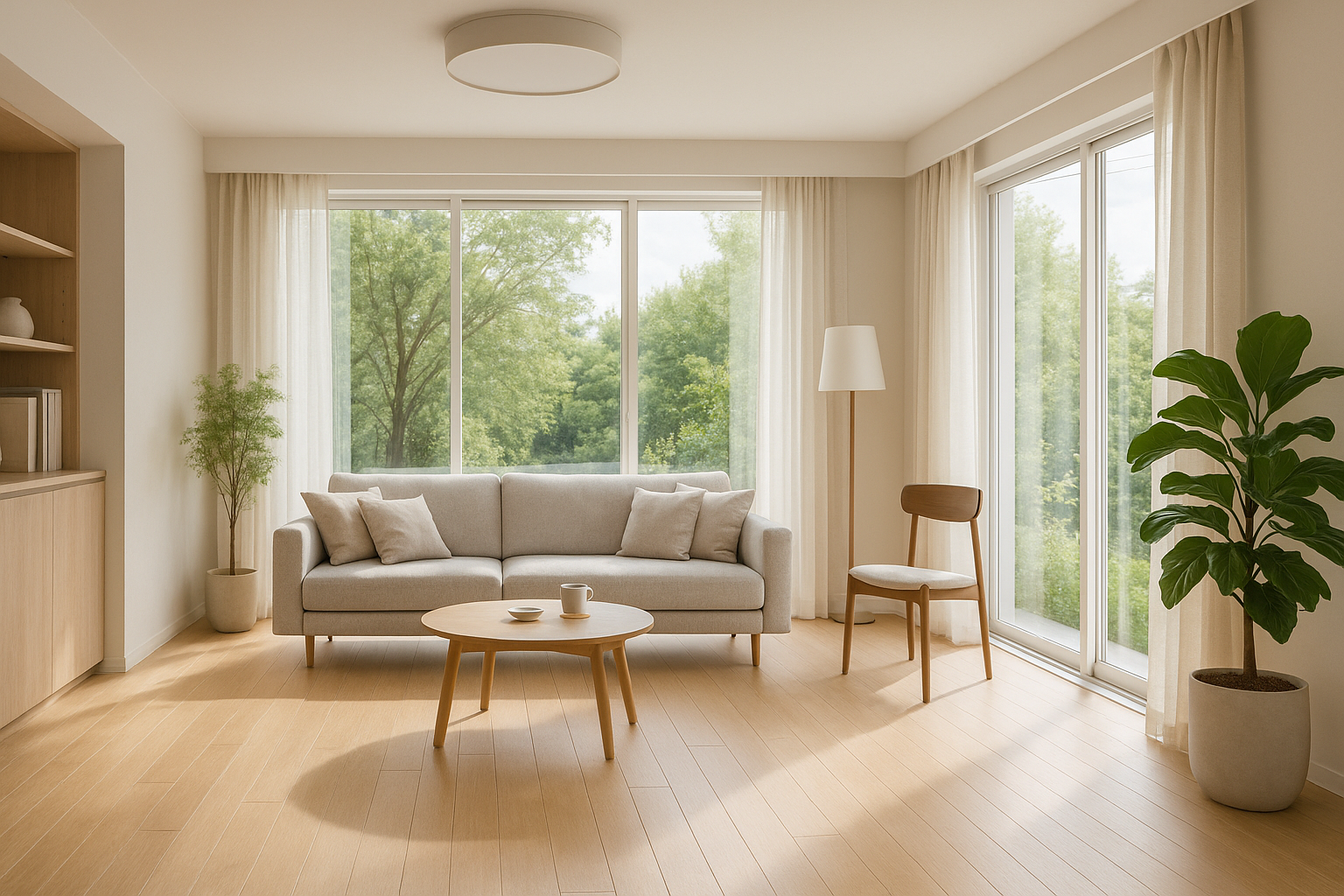 Interior de vivienda con luz natural y materiales calmantes
