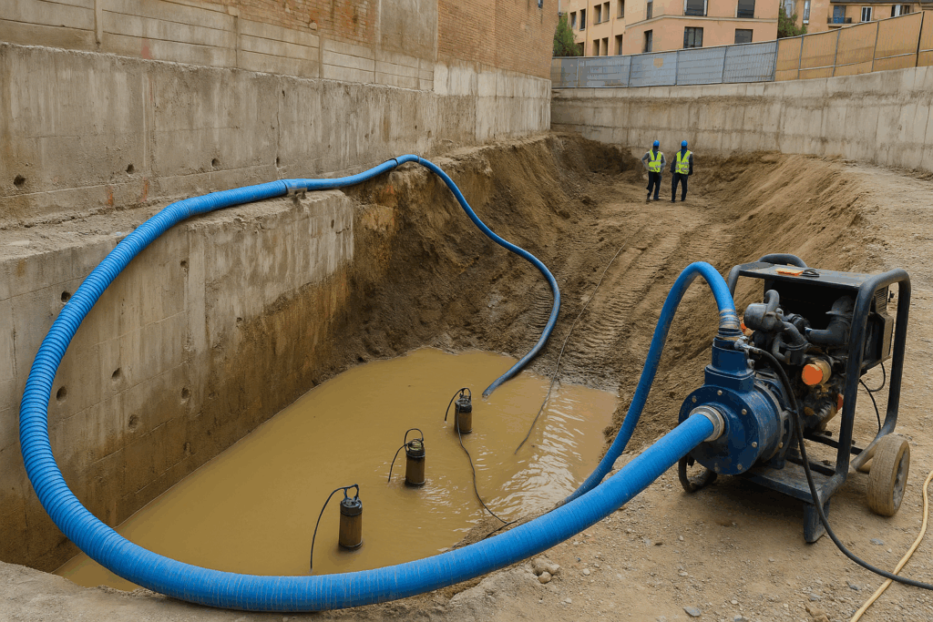 Excavación urbana con sistema de bombeo y drenaje para controlar el nivel freático en una obra de cimentación