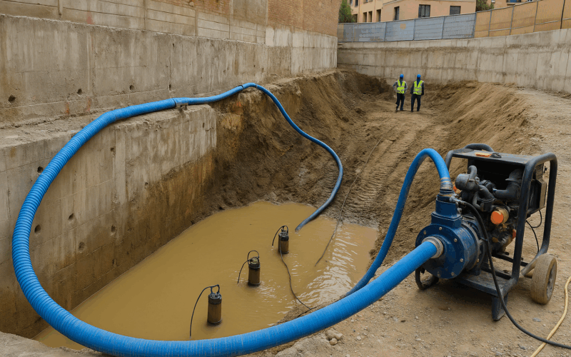 Excavación urbana con sistema de bombeo y drenaje para controlar el nivel freático en una obra de cimentación