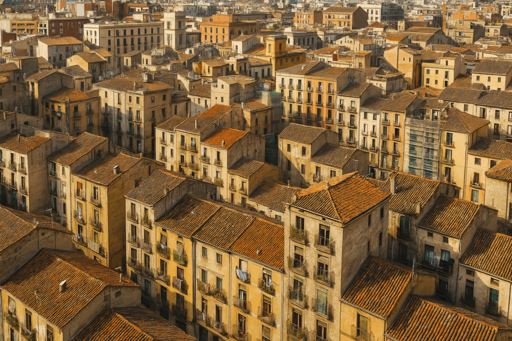 vista aérea de edificios antiguos en España representando la obsolescencia del parque inmobiliario español