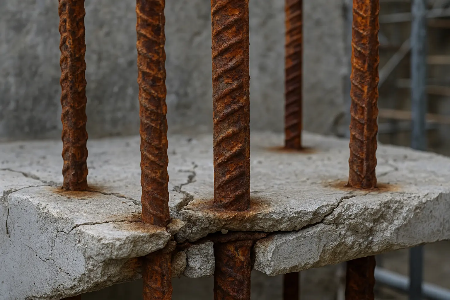 Barras de acero oxidadas expuestas en una estructura de hormigón agrietado