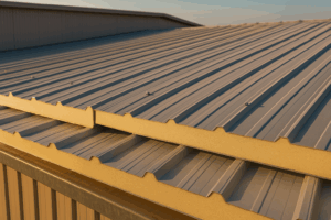 Paneles sándwich PIR instalados en una cubierta metálica inclinada con luz cálida, mostrando las grecas y el aislamiento de poliisocianurato